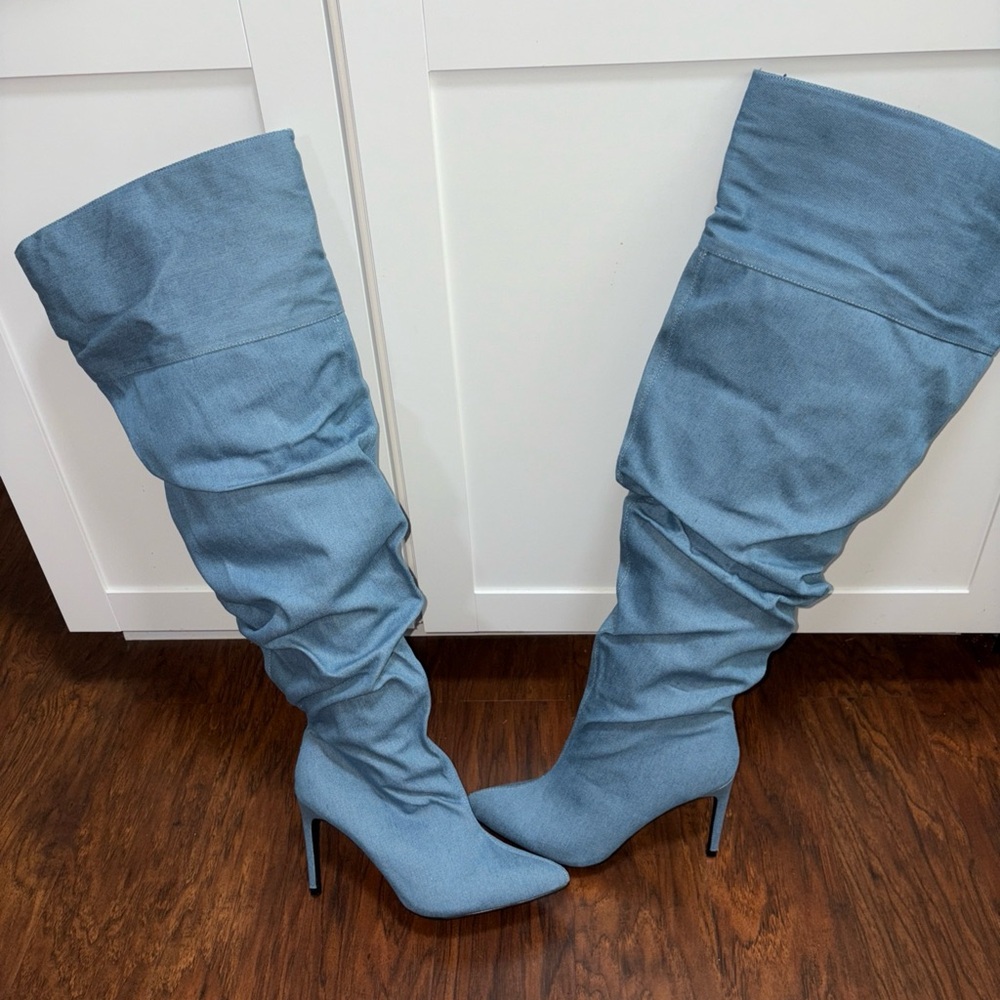 Brand New, Zara Denim Over The Knee Boots. Pointed Toe. Side zipper. Size 8.5.
